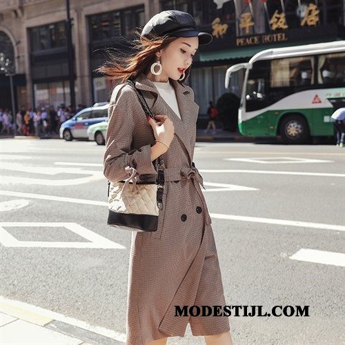 Dames Trenchcoat Goedkoop Pak Lang Rechtdoor Herfst Dubbele Knop Effen Kleur Grijs