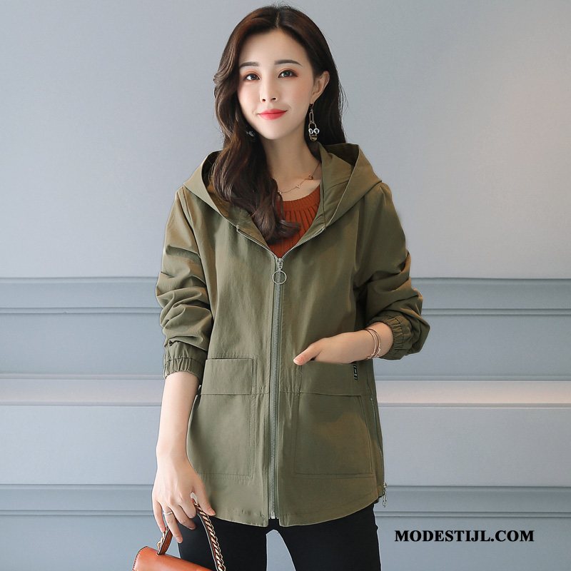 Dames Trenchcoat Korting Jas Eenvoudige Herfst Hoodie Rits Effen Kleur Groen