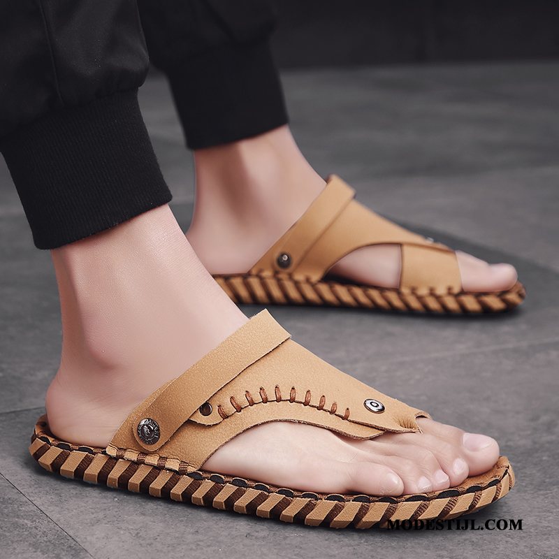 Heren Flip Flops Goedkoop Alle Wedstrijden Pantoffels Leer Schoenen Sandaal Zandkleur Beige